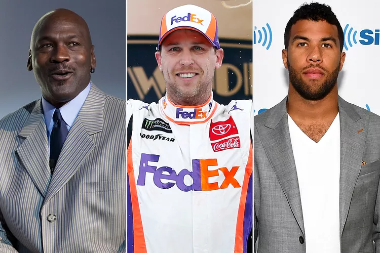 Inspiredlovers Michael-Jordan-Denny-Hamlin-and-Bubba-Wallace-1-a08e93f4f7a242a4bc4c2434fa364762 “Fu**in Hard” Bubba Wallace Frustrated With Phoenix and refuse to listen to Denny Hamlin's podcast Sports  Bubba Wallace 